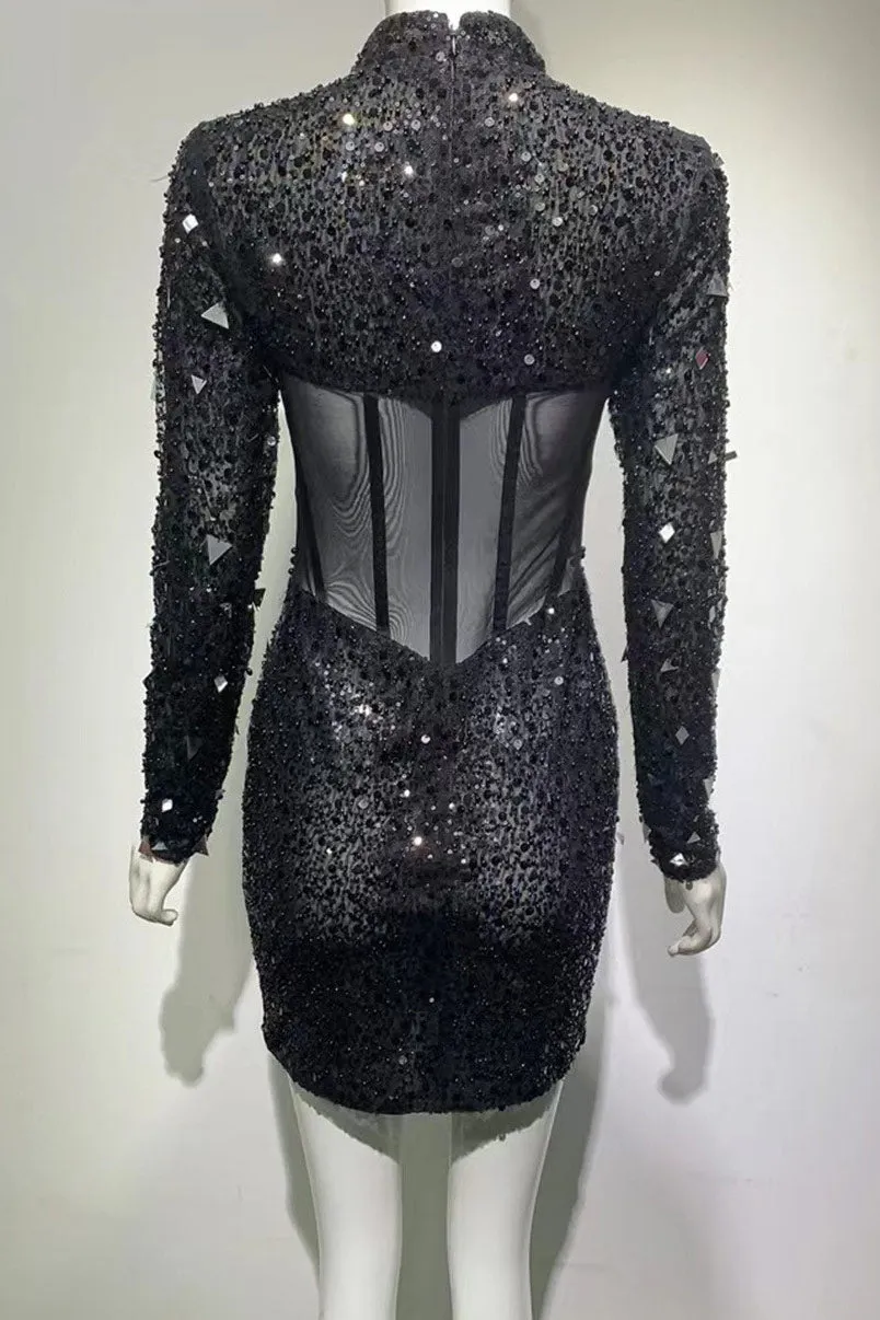 Sexy Black Beaded Long Sleeve Party Dress