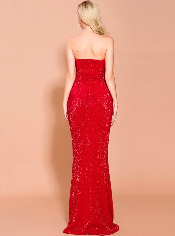 SEXY STRAPLESS SEQUINED DRESS FEMALE SPLIT DRESS