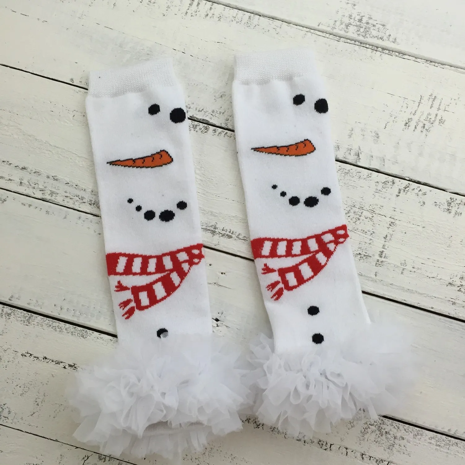 Snowman leg warmers, flower headband, white ruffle bottom bloomers