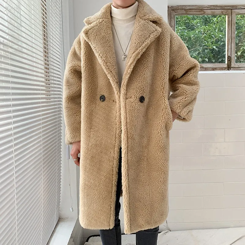 Solid Fleece Faux Fur Oversized Warm Style Men Coat