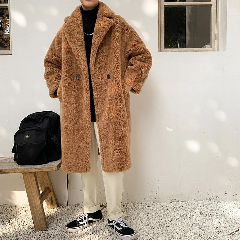 Solid Fleece Faux Fur Oversized Warm Style Men Coat