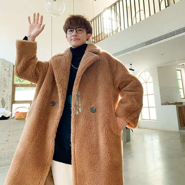 Solid Fleece Faux Fur Oversized Warm Style Men Coat