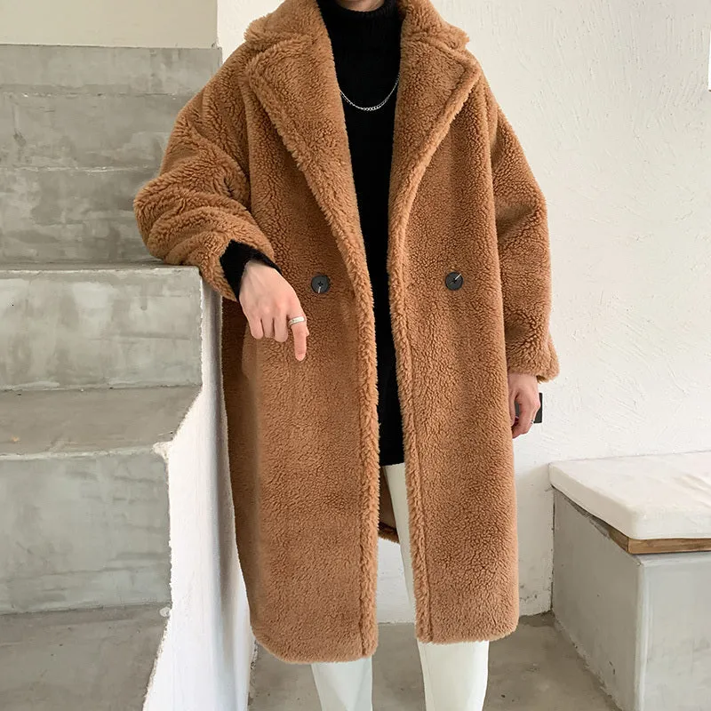 Solid Fleece Faux Fur Oversized Warm Style Men Coat