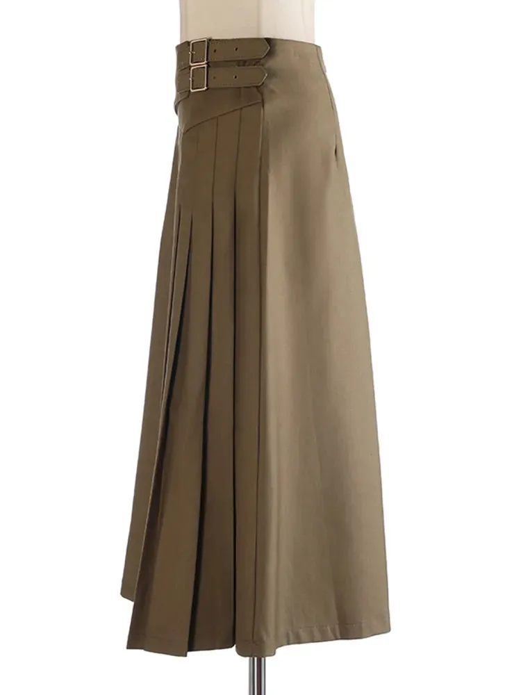 Solid Patchwork Folds Elegant Minimalist Skirts For Women High Waist Spliced Belt A Line Long Skirt Female Fashion