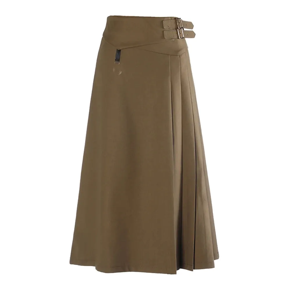 Solid Patchwork Folds Elegant Minimalist Skirts For Women High Waist Spliced Belt A Line Long Skirt Female Fashion