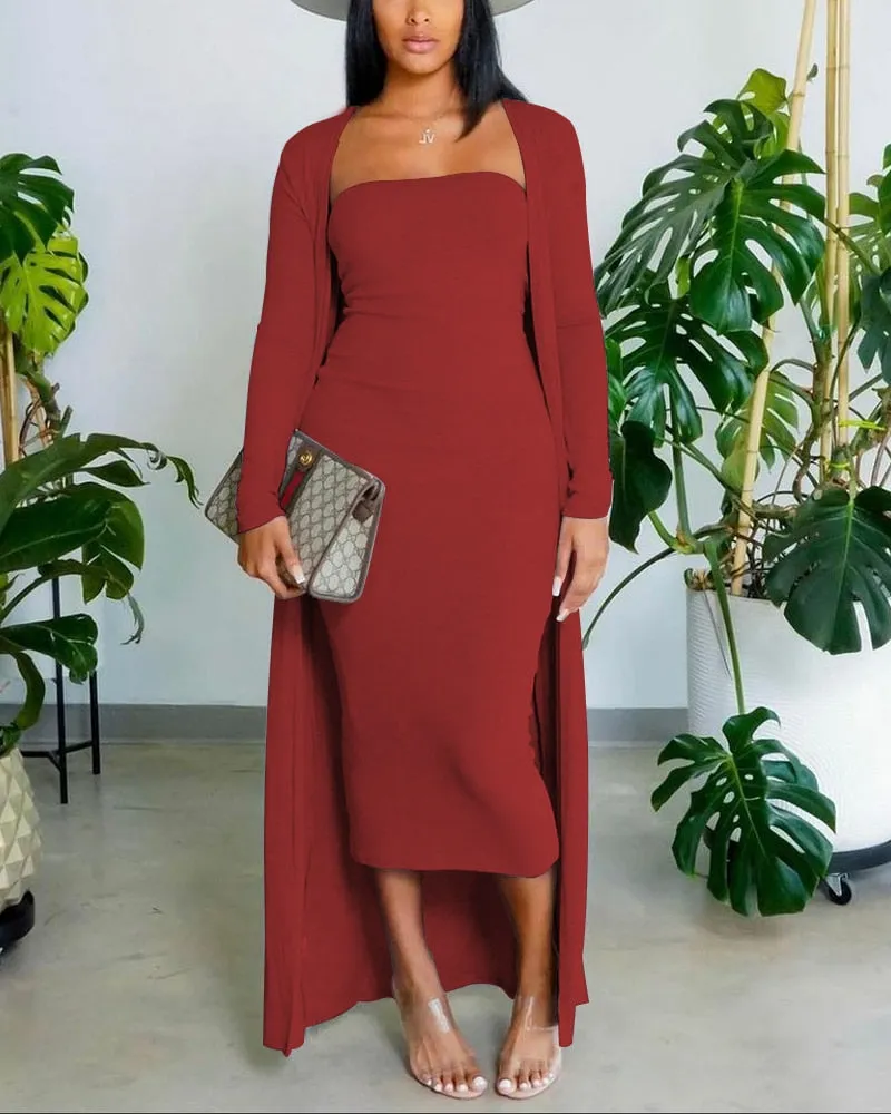 Solid Tube Bodycon Midi Dress and Cardigan Two Piece Set (10 colors)