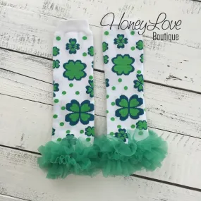 St. Patrick's Day Green/Navy Shamrock leg warmers with green ruffles