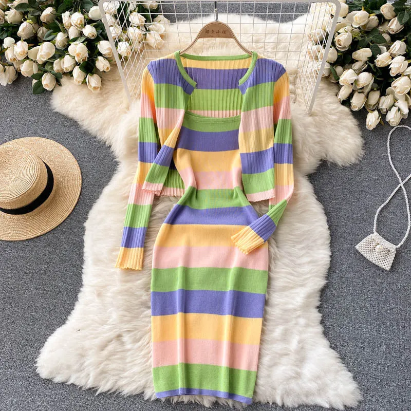 Striped Bodycon Dress   Cardigan