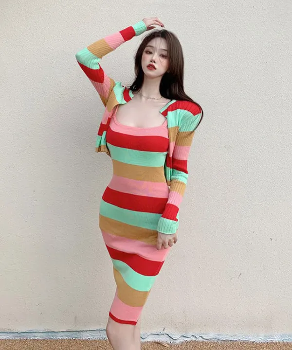 Striped Bodycon Dress   Cardigan