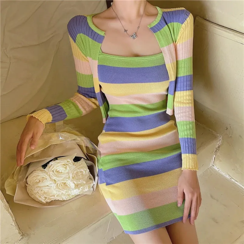 Striped Bodycon Dress   Cardigan