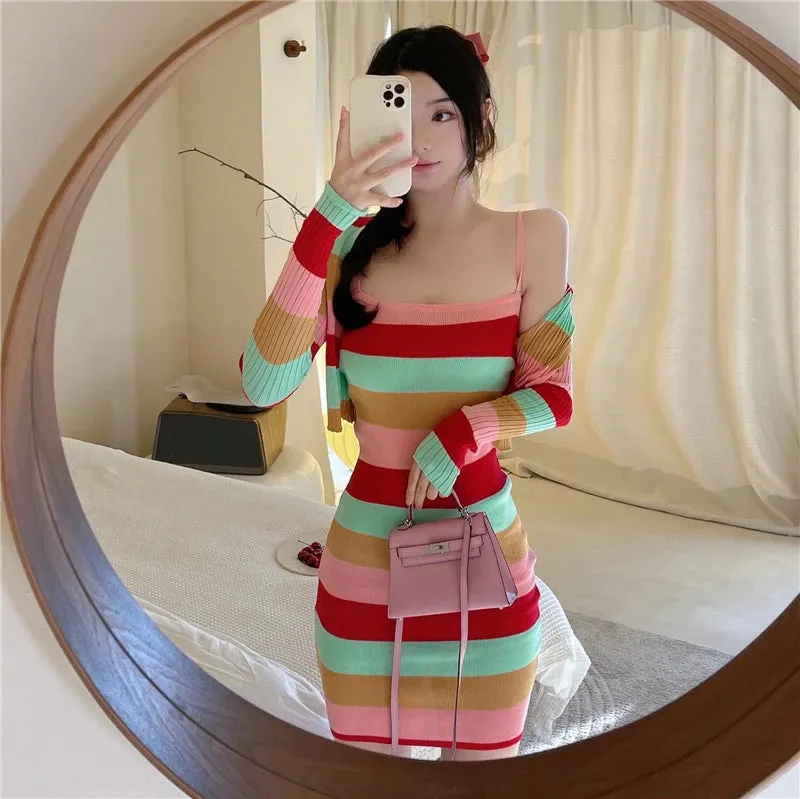 Striped Bodycon Dress   Cardigan