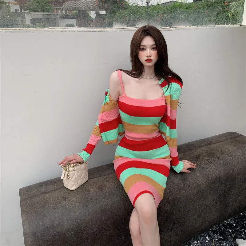 Striped Bodycon Dress   Cardigan