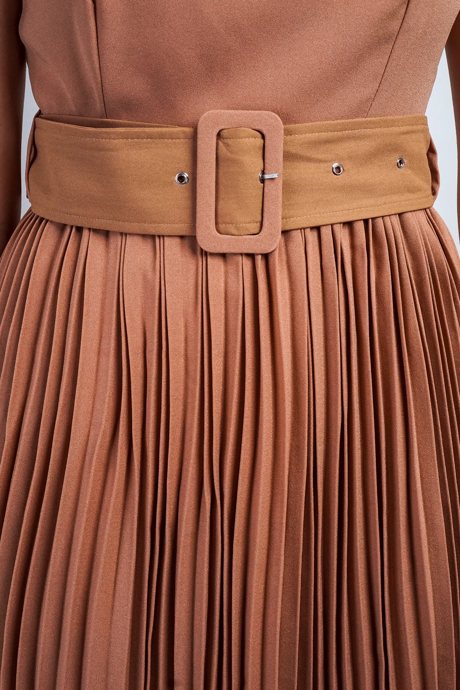 Tan Open Back Plunge Neck Belted Midi Dress