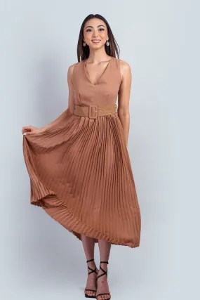 Tan Open Back Plunge Neck Belted Midi Dress