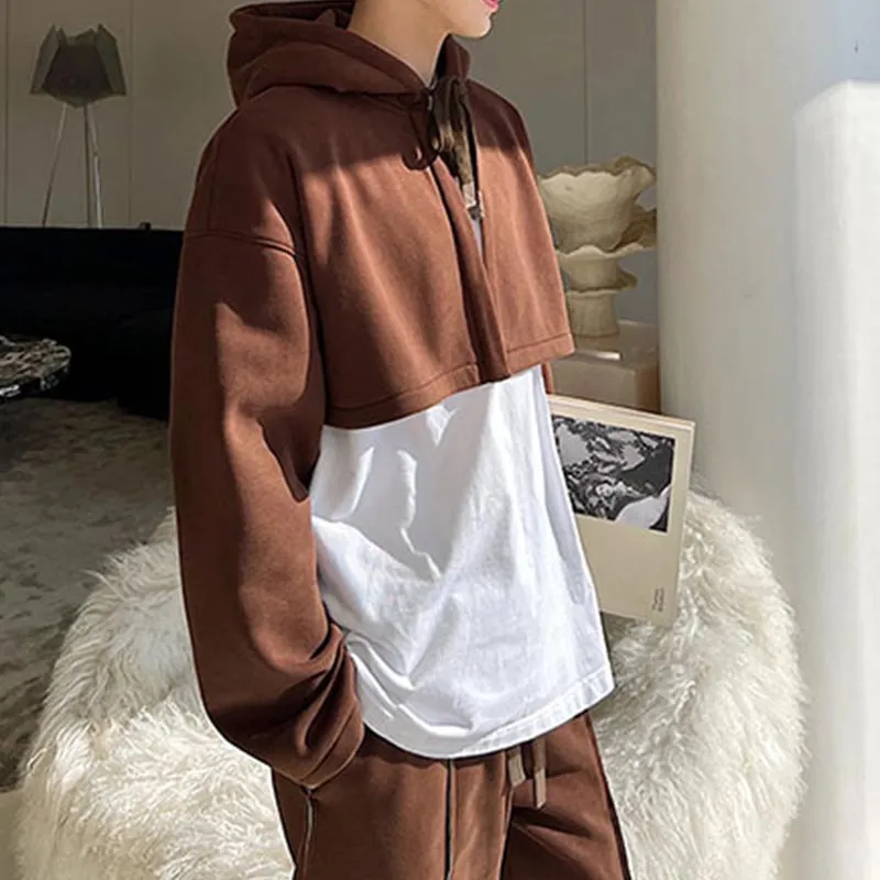 Thick Short Hooded Cardigan  And Sweatpants Set