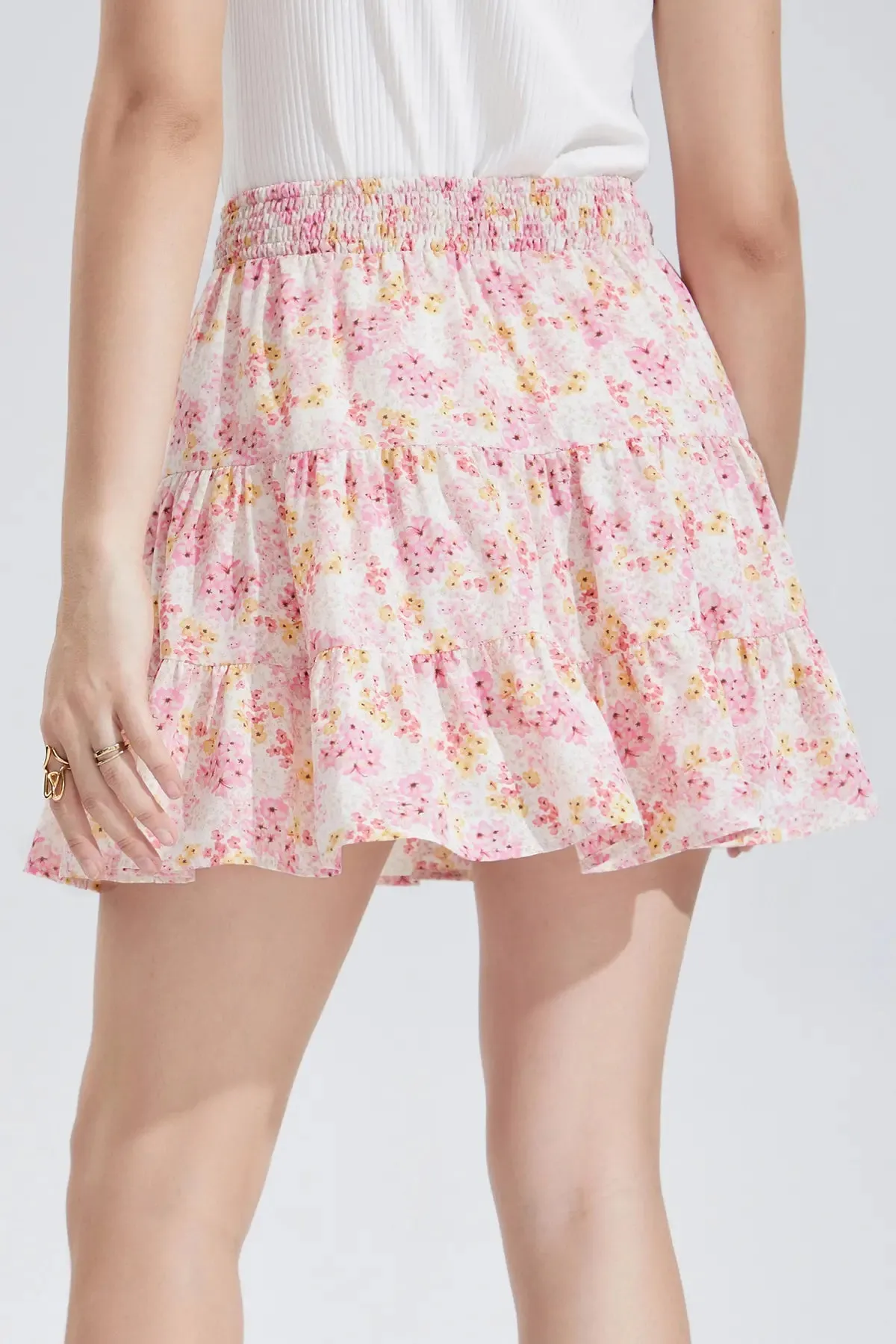 Tiered Layer Ruffle Hem Shirred Short Skirt