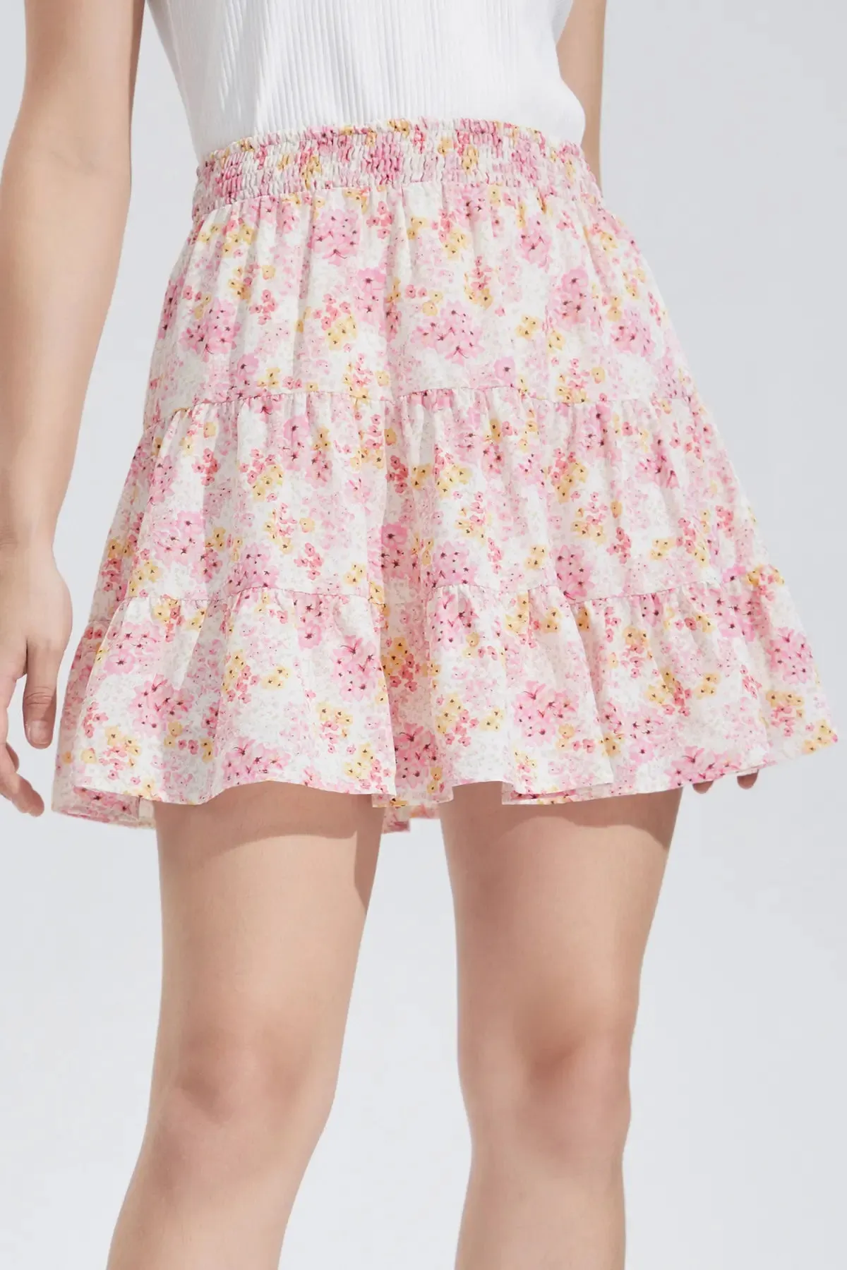 Tiered Layer Ruffle Hem Shirred Short Skirt