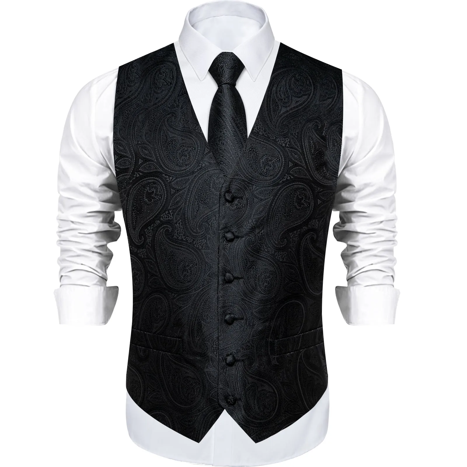 Ties2you Men's Vest Dark Black Jacquard Paisley Waistcoat Tie Vest Set