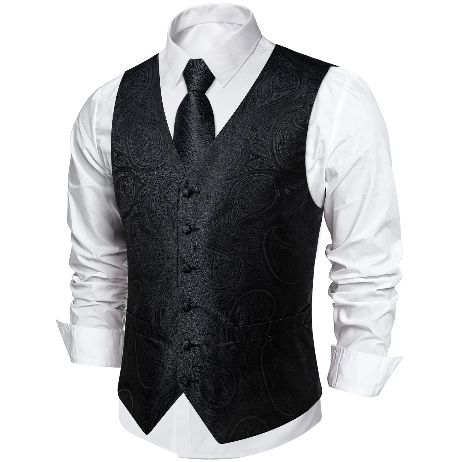 Ties2you Men's Vest Dark Black Jacquard Paisley Waistcoat Tie Vest Set