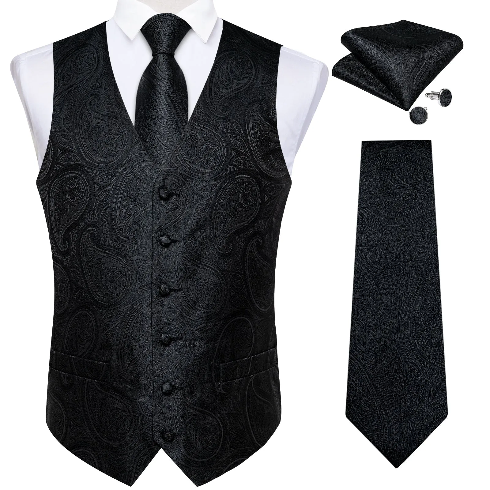 Ties2you Men's Vest Dark Black Jacquard Paisley Waistcoat Tie Vest Set