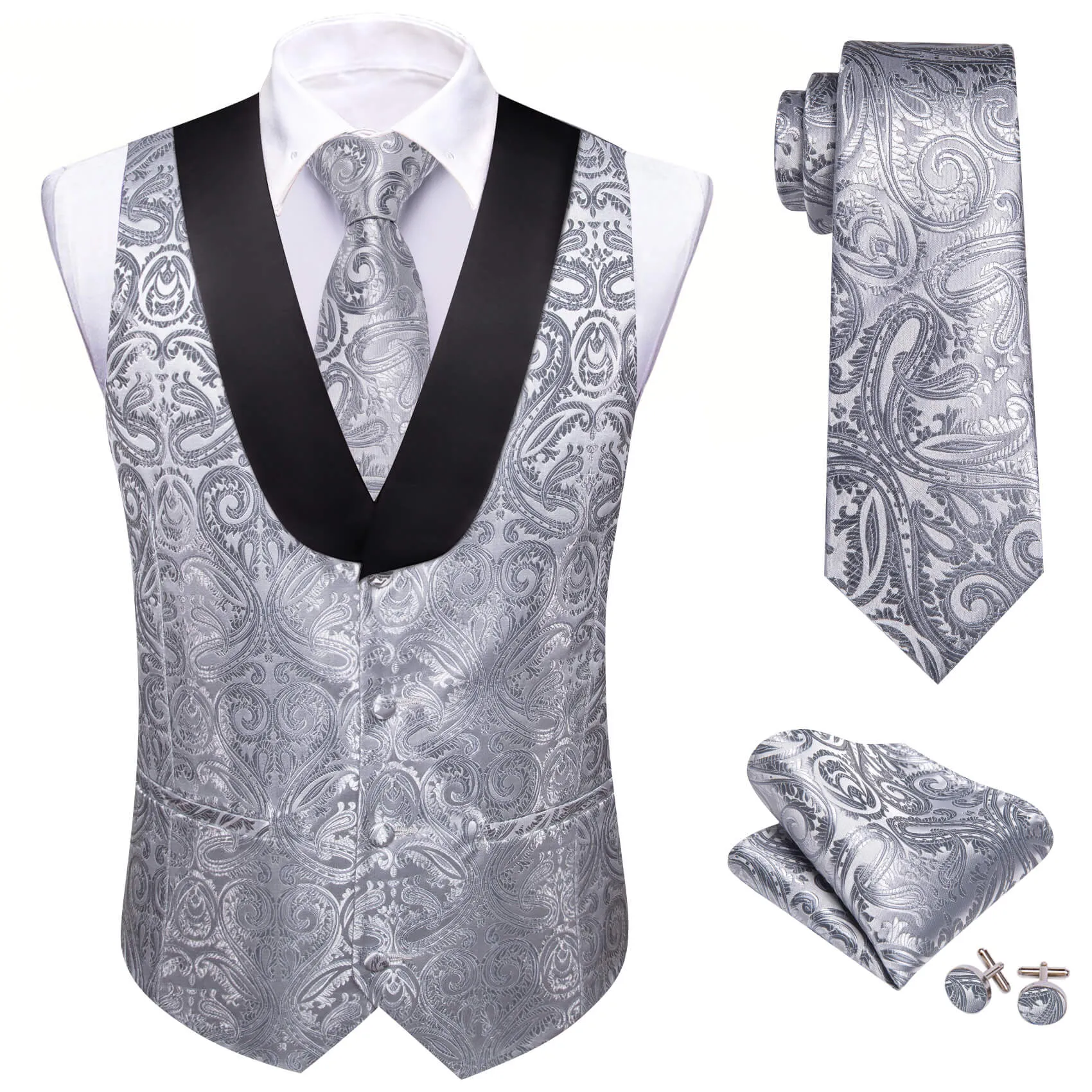 Ties2you Vest for Men Dark Gray Paisley Silk Shawl Collar Vest Tie Pocket Square Cufflinks Set