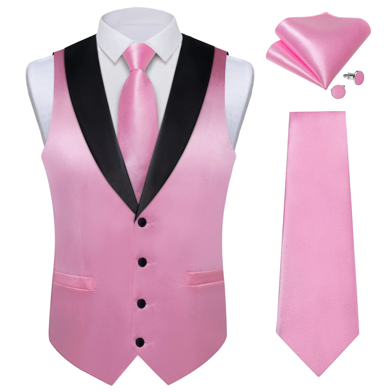 Ties2you Work Vest Shining Pastel Magenta Pink Solid Shawl Collar Silk Mens Vest Tie Set Fashion