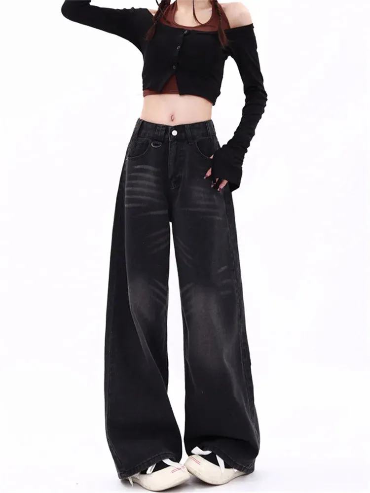 Toleet Straight High Waisted Jeans for Women 2024 New Fashion Vintage Washed Do Old Black Jeans Casual Full Length Wide Leg Jeans