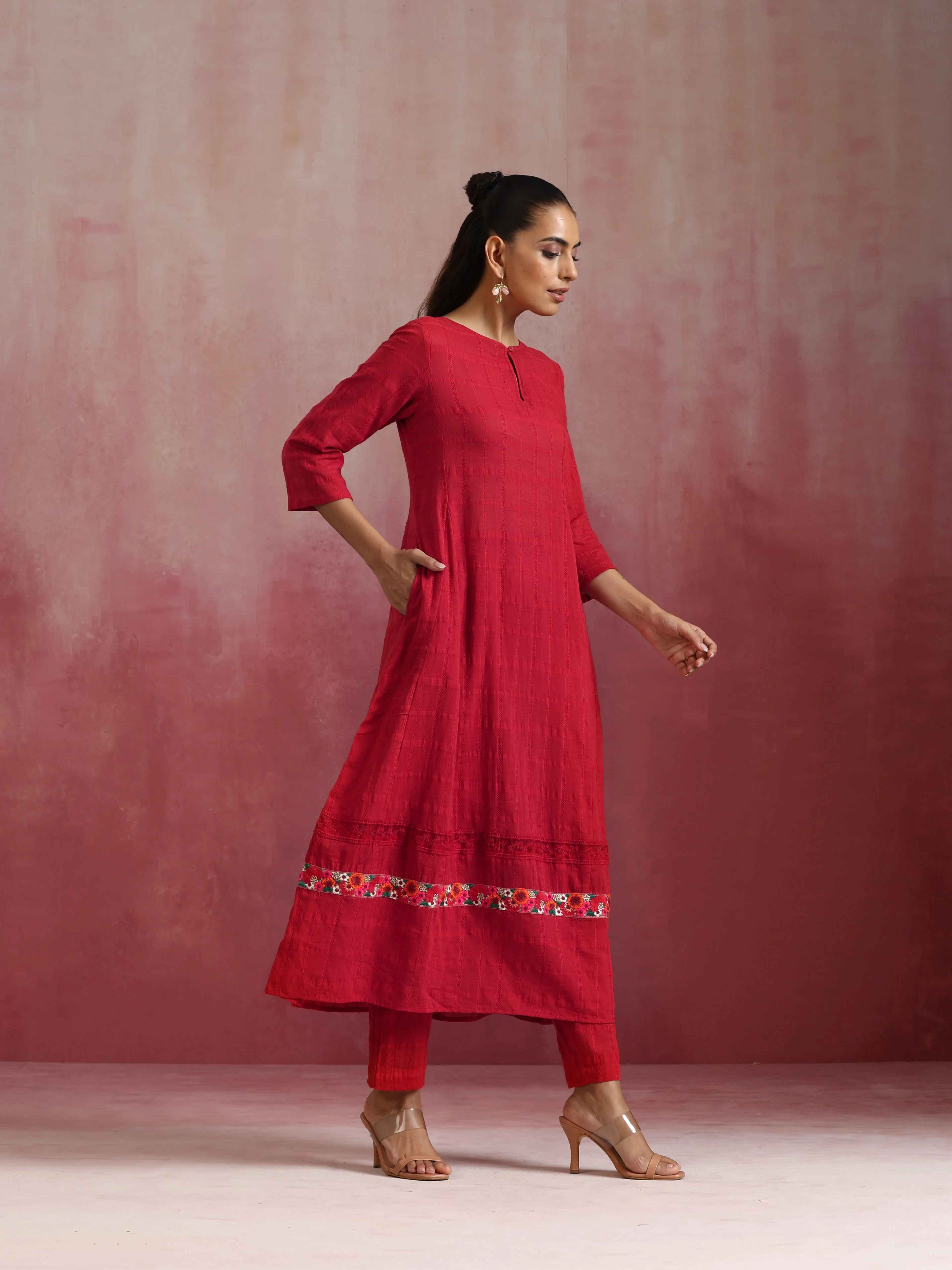 trueBrowns Red Cotton Dobby Flared Kurta Set