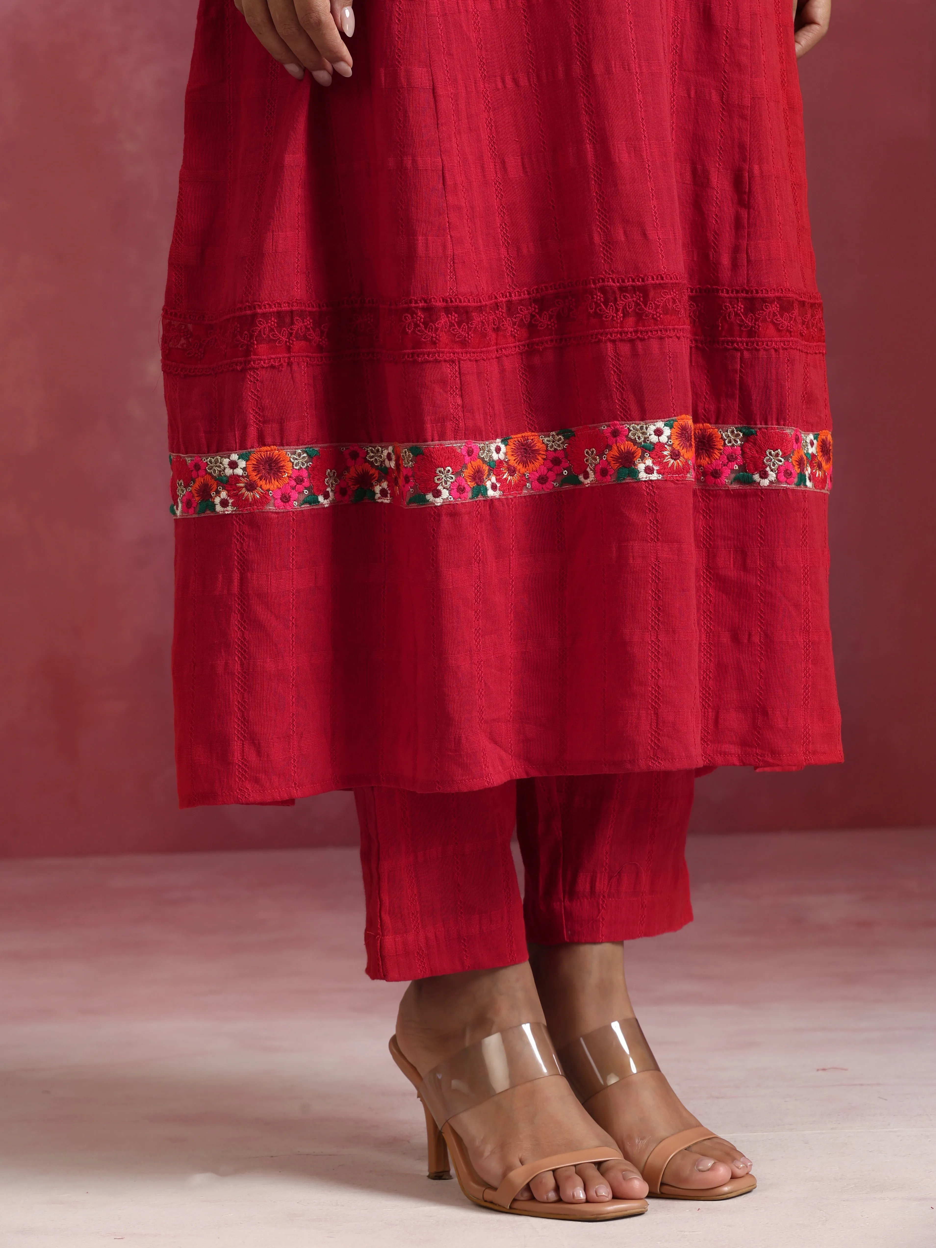 trueBrowns Red Cotton Dobby Flared Kurta Set