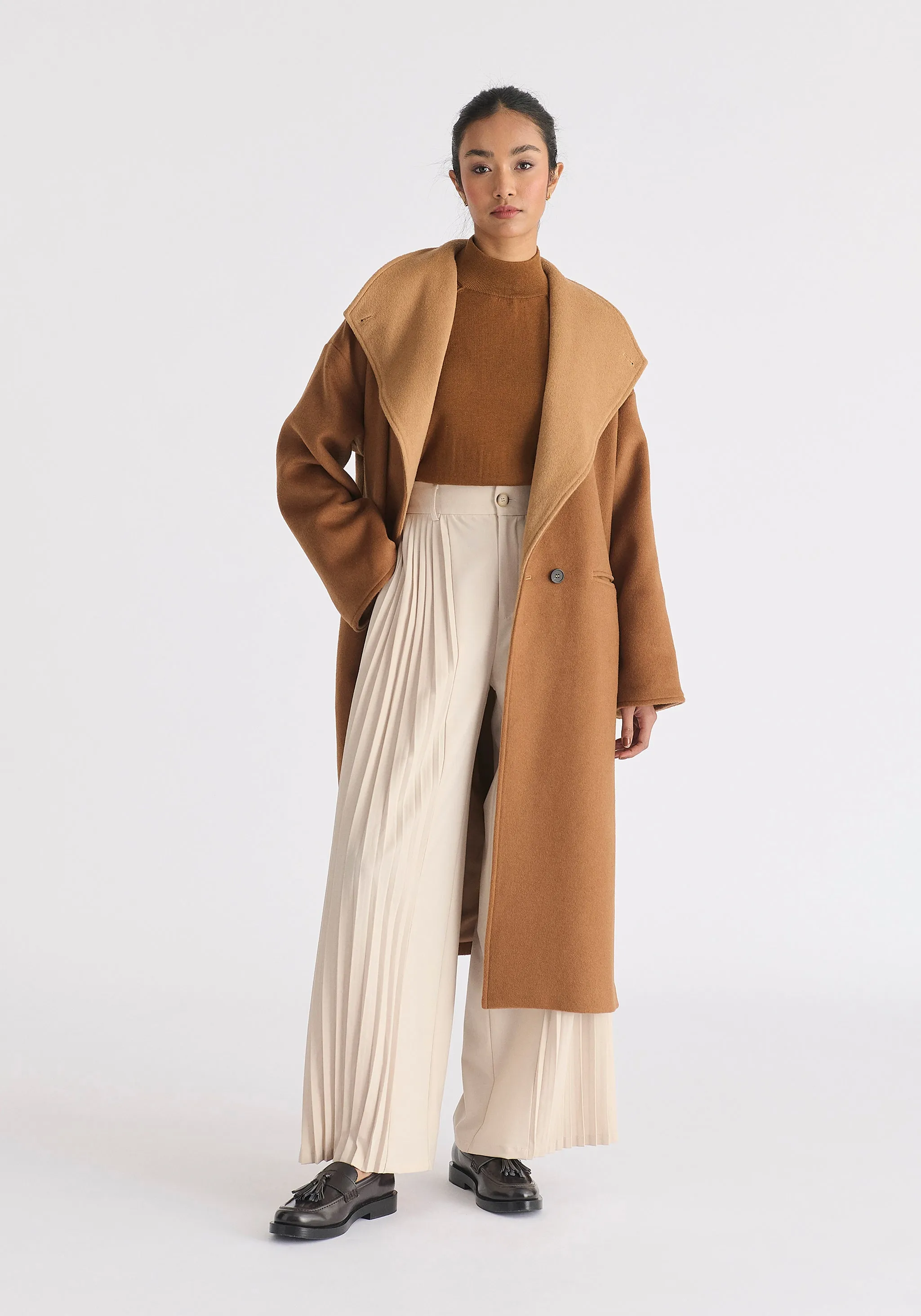 Two-Tone Double Breasted Wool Blend Coat