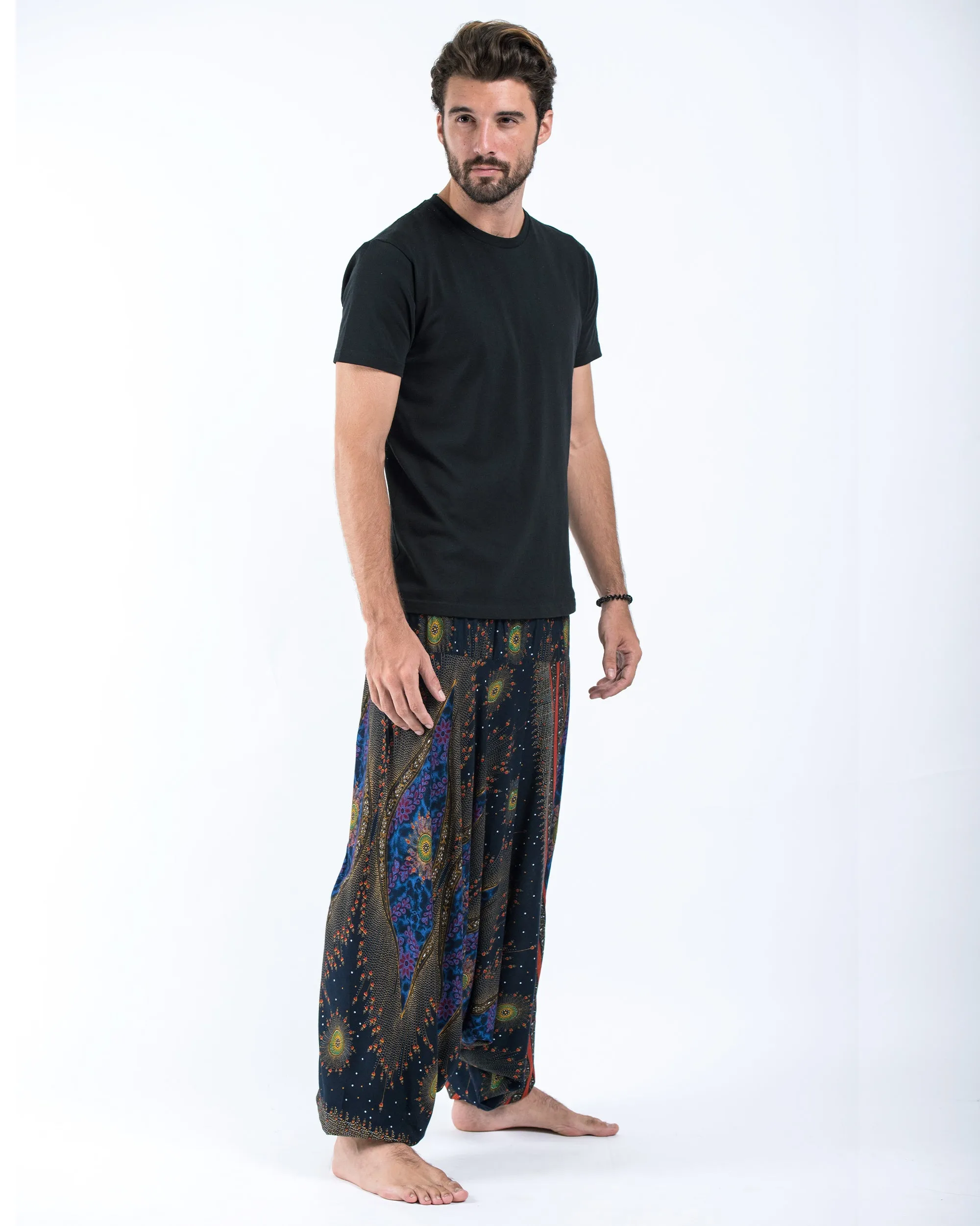 Unisex Peacock Eye Drop Crotch Jumpsuit Harem Pants in Navy