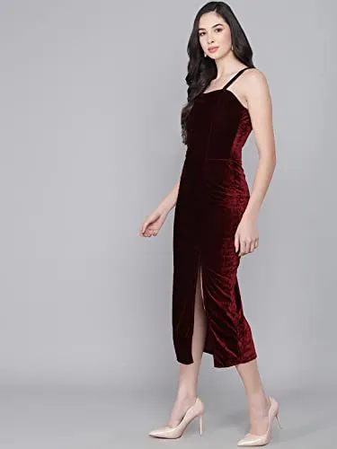 Vaararo Bodycon Party Maxi Dress For Women With Flattering Cut | Shiny Velvet Fabric Sleeveless Spaghetti Strap Stylish Outfit Maroon Small