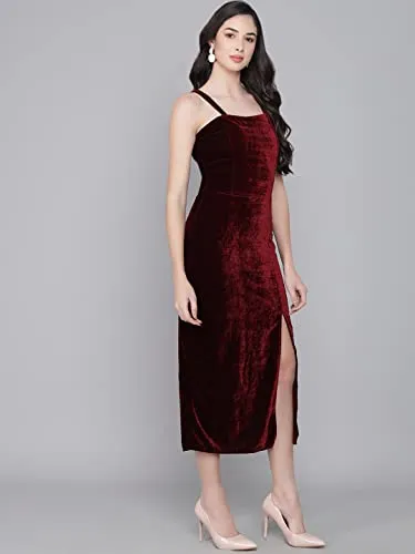 Vaararo Bodycon Party Maxi Dress For Women With Flattering Cut | Shiny Velvet Fabric Sleeveless Spaghetti Strap Stylish Outfit Maroon Small