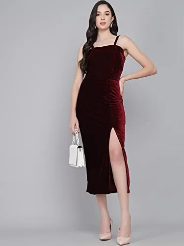 Vaararo Bodycon Party Maxi Dress For Women With Flattering Cut | Shiny Velvet Fabric Sleeveless Spaghetti Strap Stylish Outfit Maroon Small