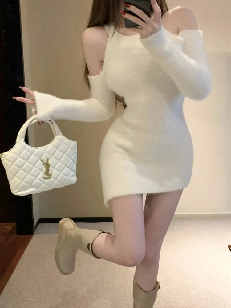 Vevesc 2024 Autumn Bodycon Knitted Party Dress Women Casual Long Sleeve Elegant Sexy Y2k Mini Dresses Faux Fur One Piece Dress Korean