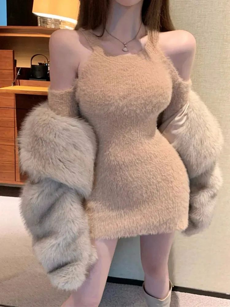 Vevesc 2024 Autumn Bodycon Knitted Party Dress Women Casual Long Sleeve Elegant Sexy Y2k Mini Dresses Faux Fur One Piece Dress Korean