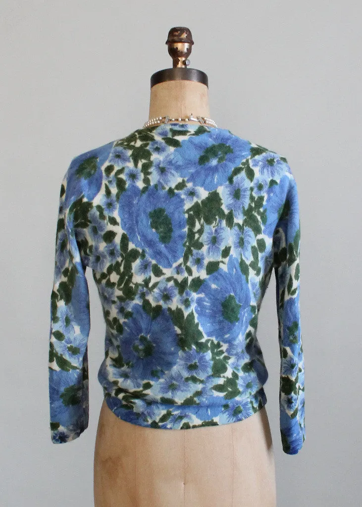 Vintage 1960s Blue Panies Floral Cardigan