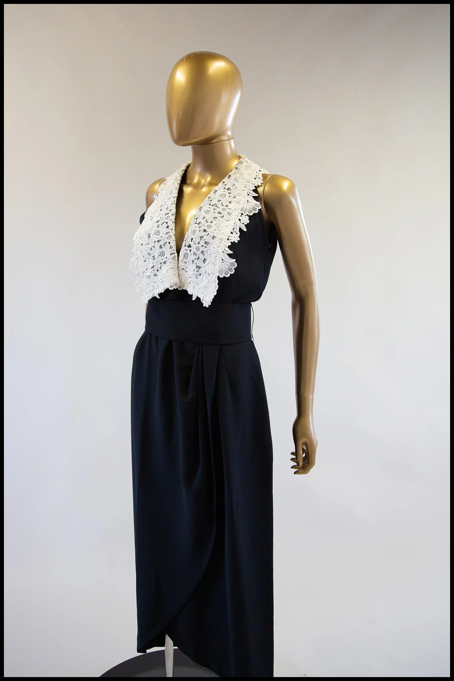 Vintage 1980s Black & White Crepe Lace Wrap Dress