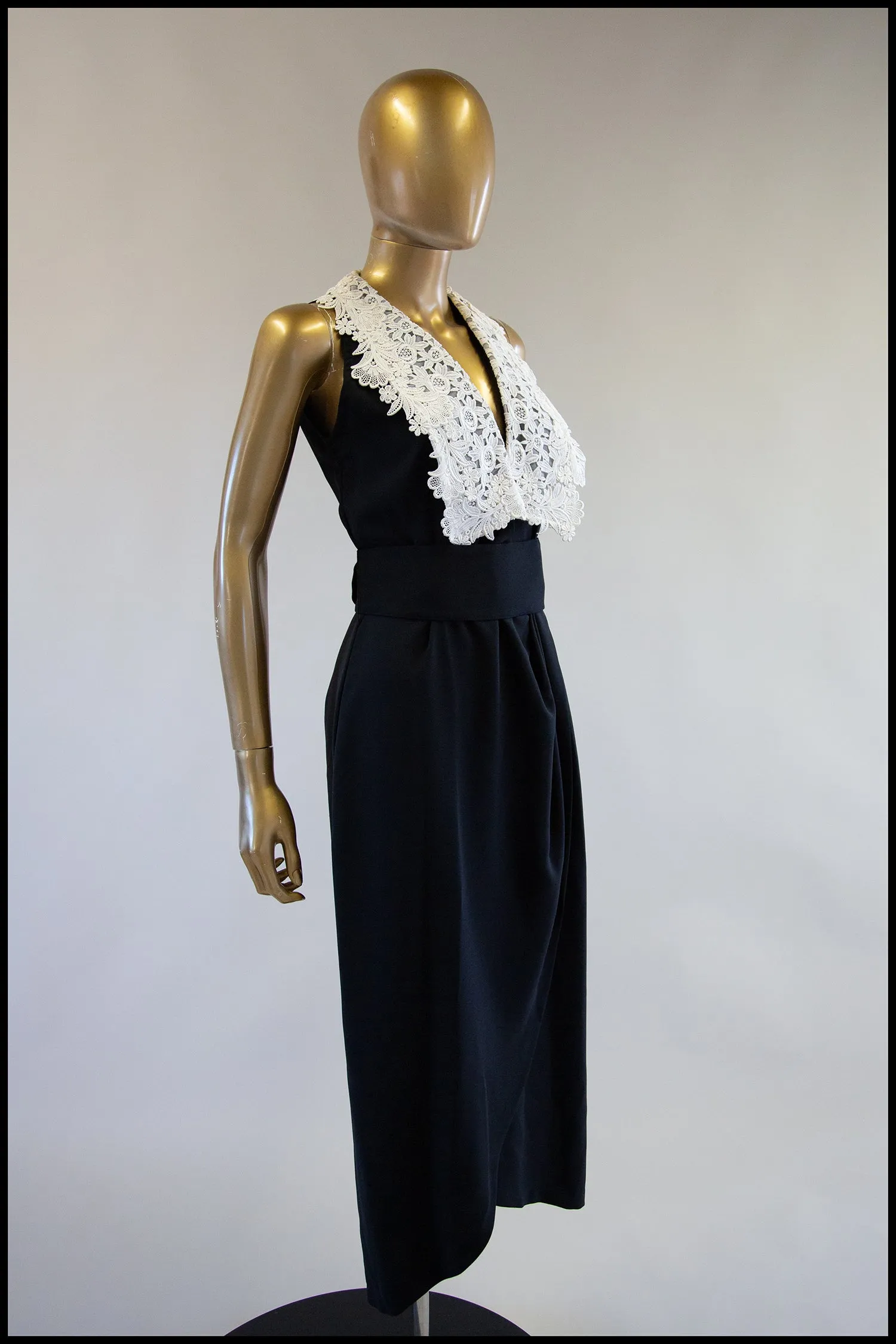 Vintage 1980s Black & White Crepe Lace Wrap Dress