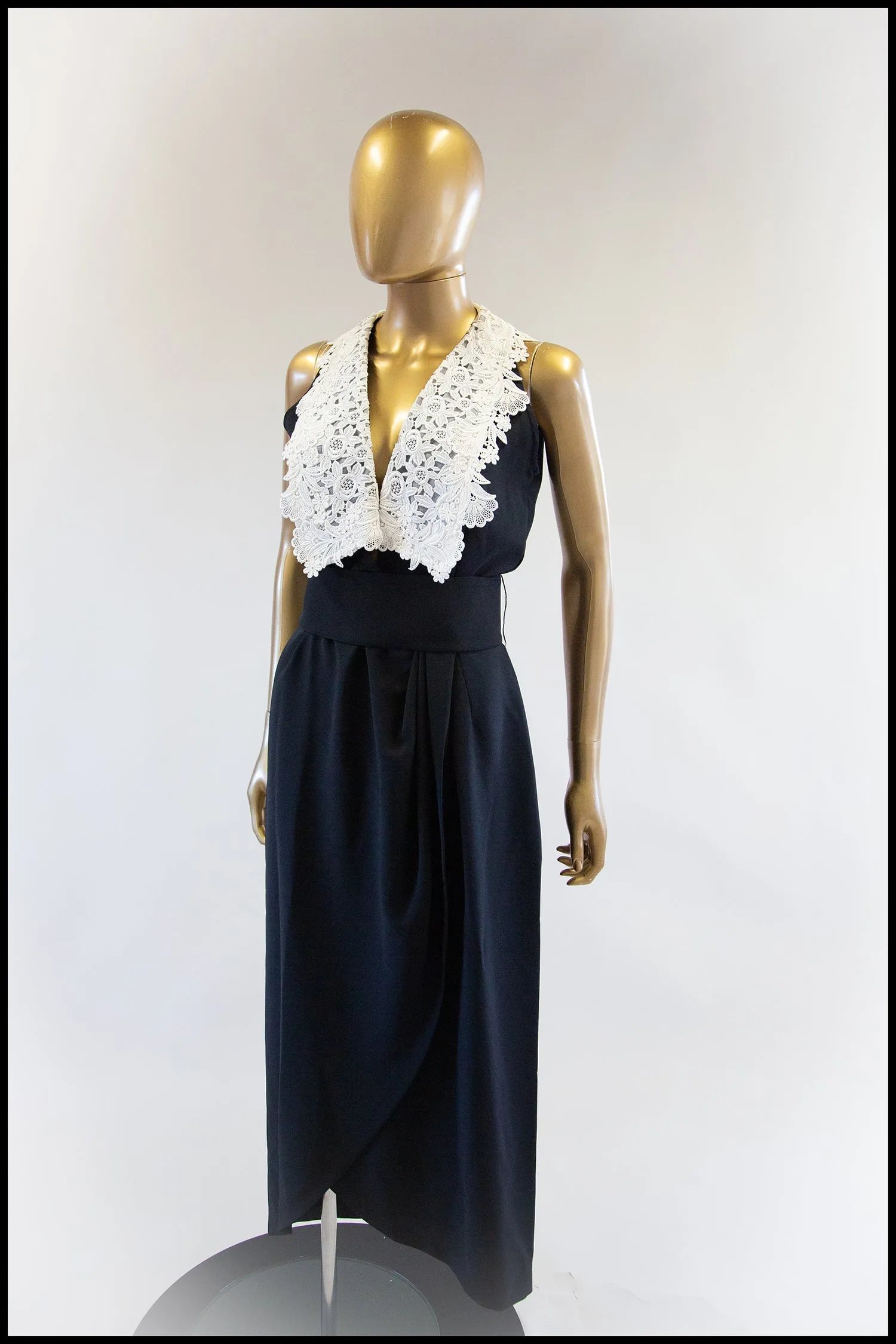 Vintage 1980s Black & White Crepe Lace Wrap Dress