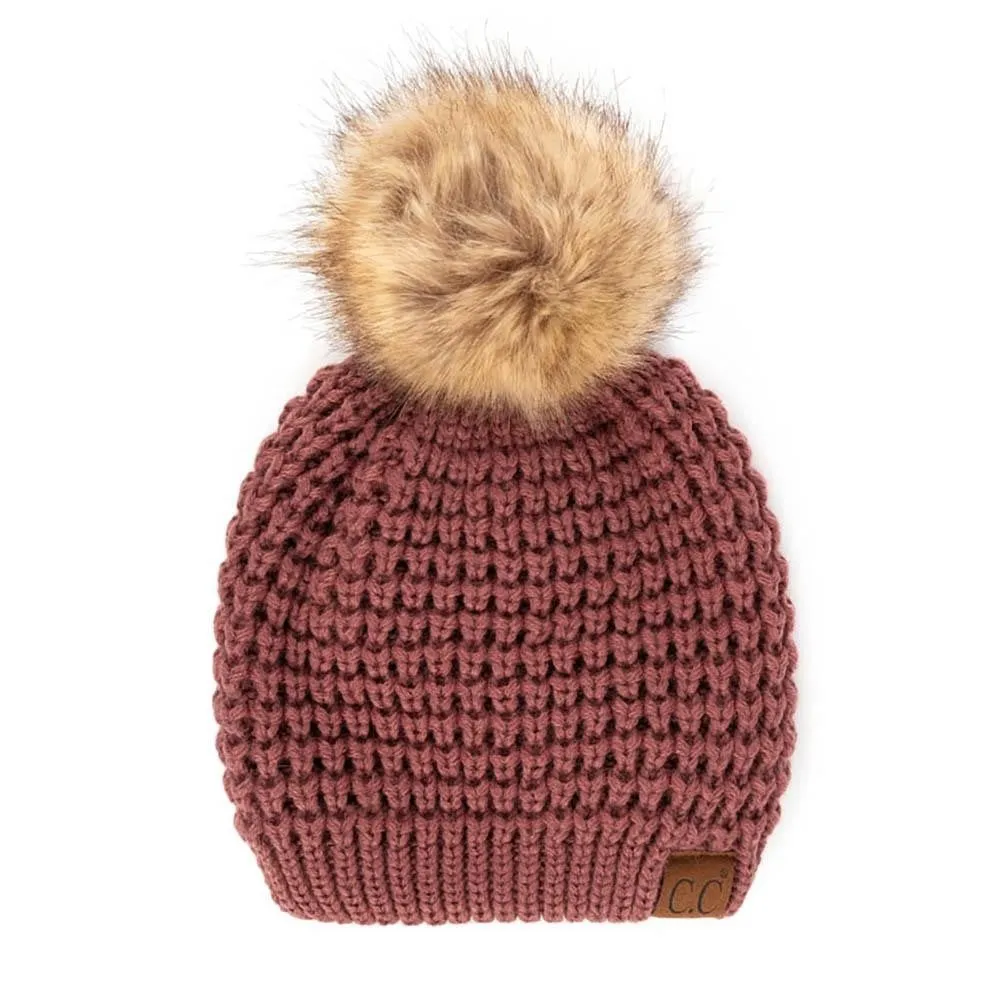 Waffle Stitch Pom Beanie - Coco Berry