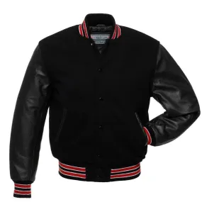 Warrior Gears Classic Hybrid Varsity Jacket University Letterman Bomber Jacket, Pure Wool & Original Cowhide Leather Jacket, All Black and Red Ribbon