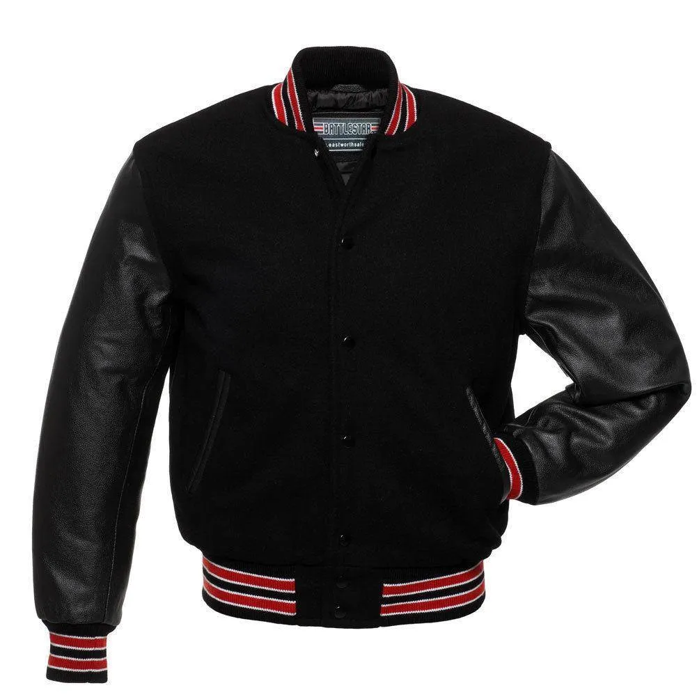 Warrior Gears Classic Hybrid Varsity Jacket University Letterman Bomber Jacket, Pure Wool & Original Cowhide Leather Jacket, All Black and Red Ribbon