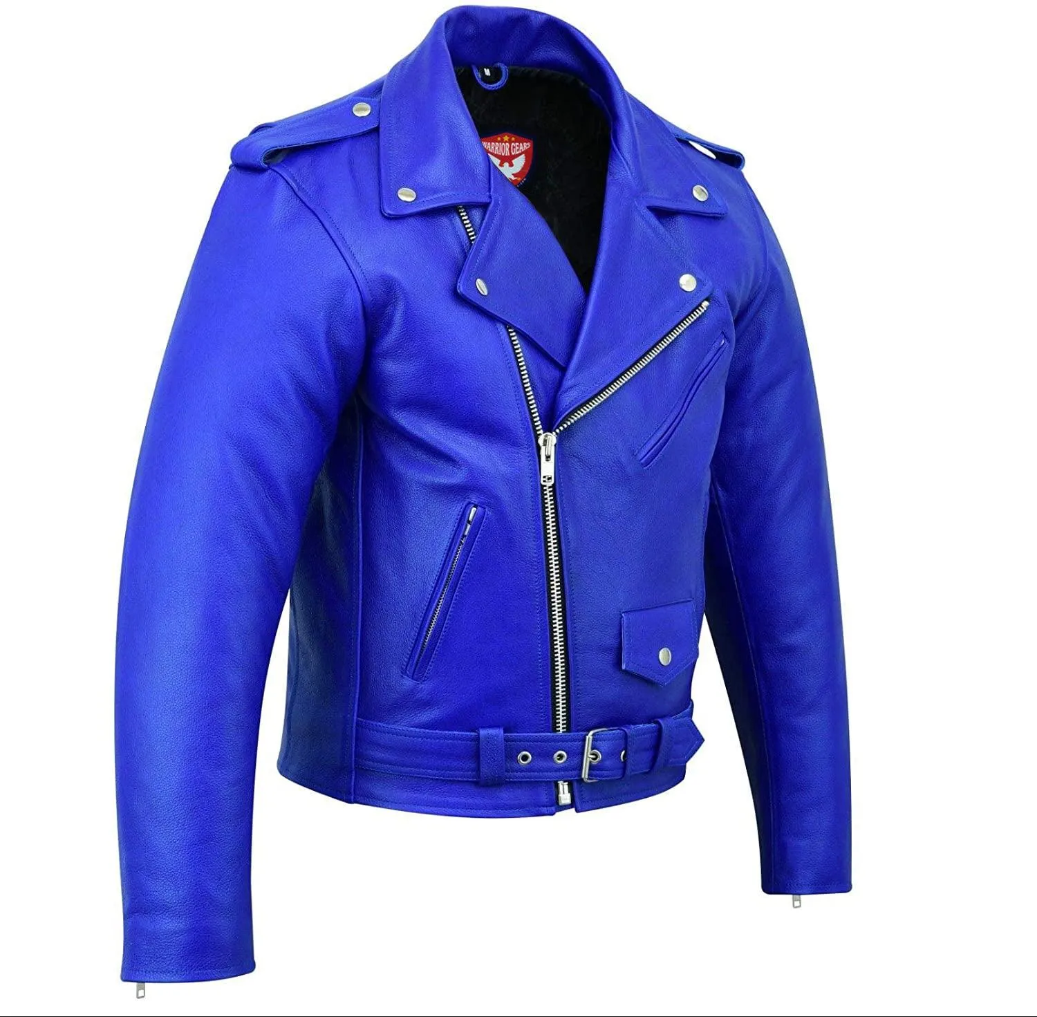 Warrior Gears® Perfecto Marlo Brando Leather Motorcycle Jacket for Men | Cowhide- Blue