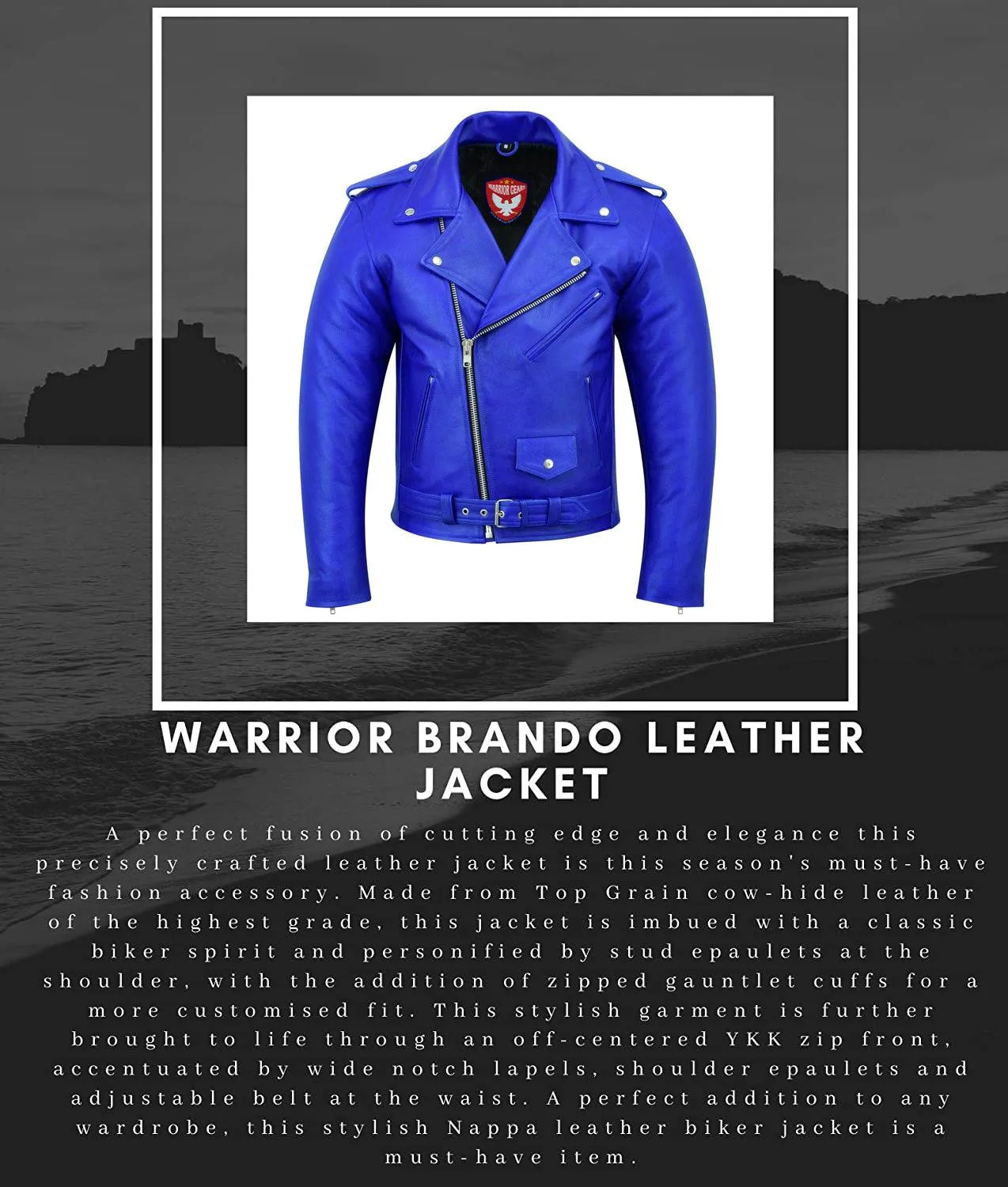 Warrior Gears® Perfecto Marlo Brando Leather Motorcycle Jacket for Men | Cowhide- Blue