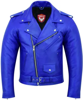 Warrior Gears® Perfecto Marlo Brando Leather Motorcycle Jacket for Men | Cowhide- Blue