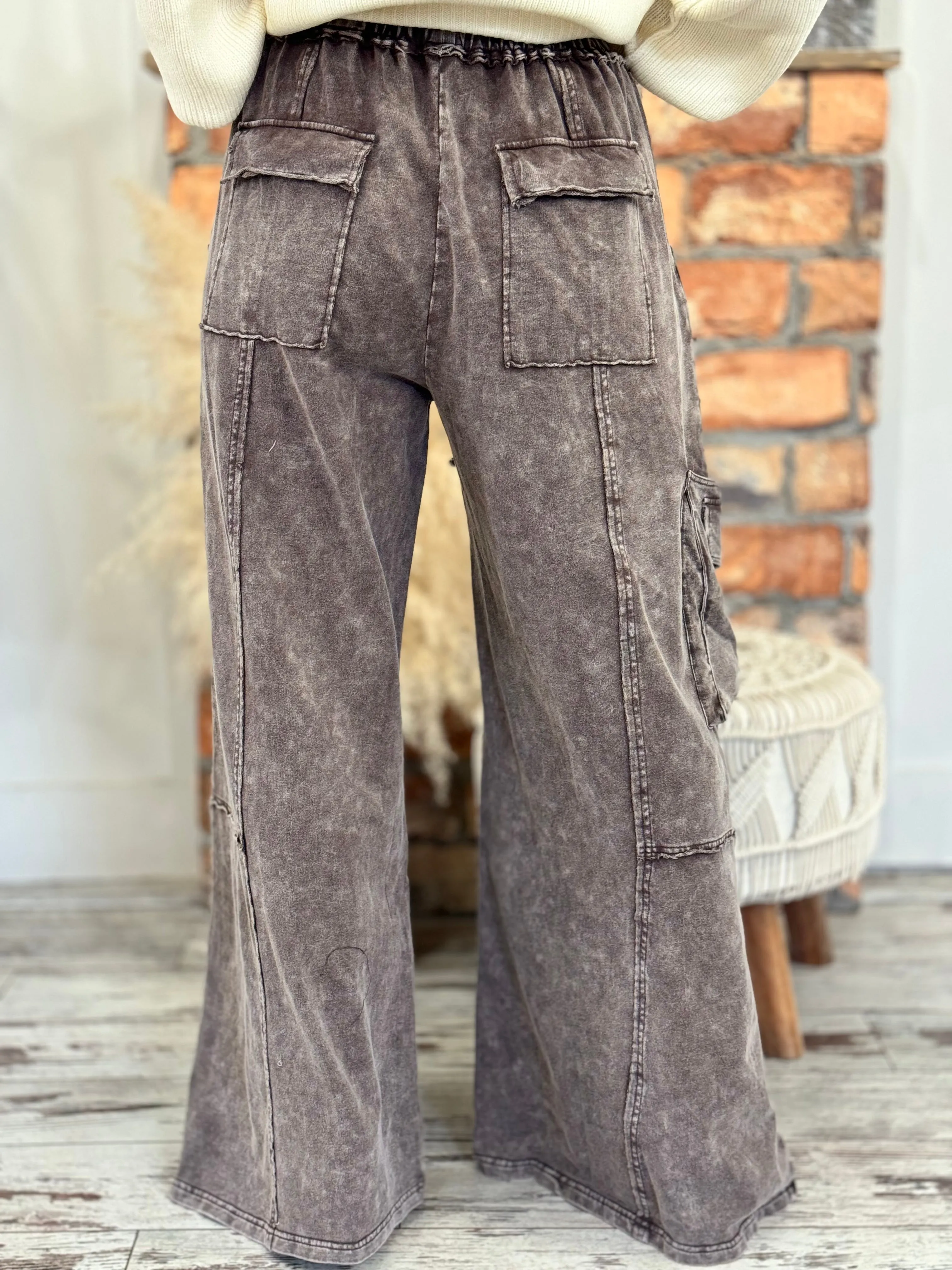 Washed Cargo Wide Leg Comfy Pants in Mocha