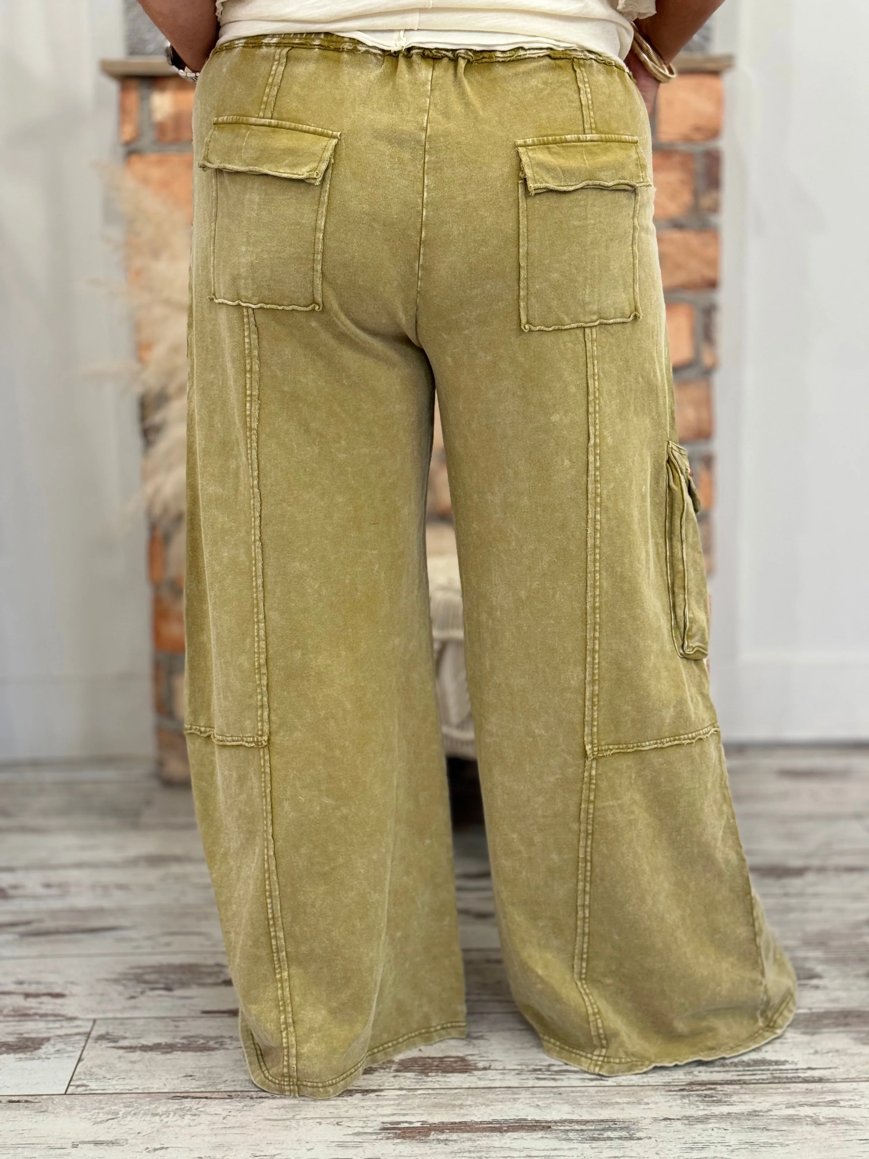 Washed Cargo Wide Leg Comfy Pants in Olive