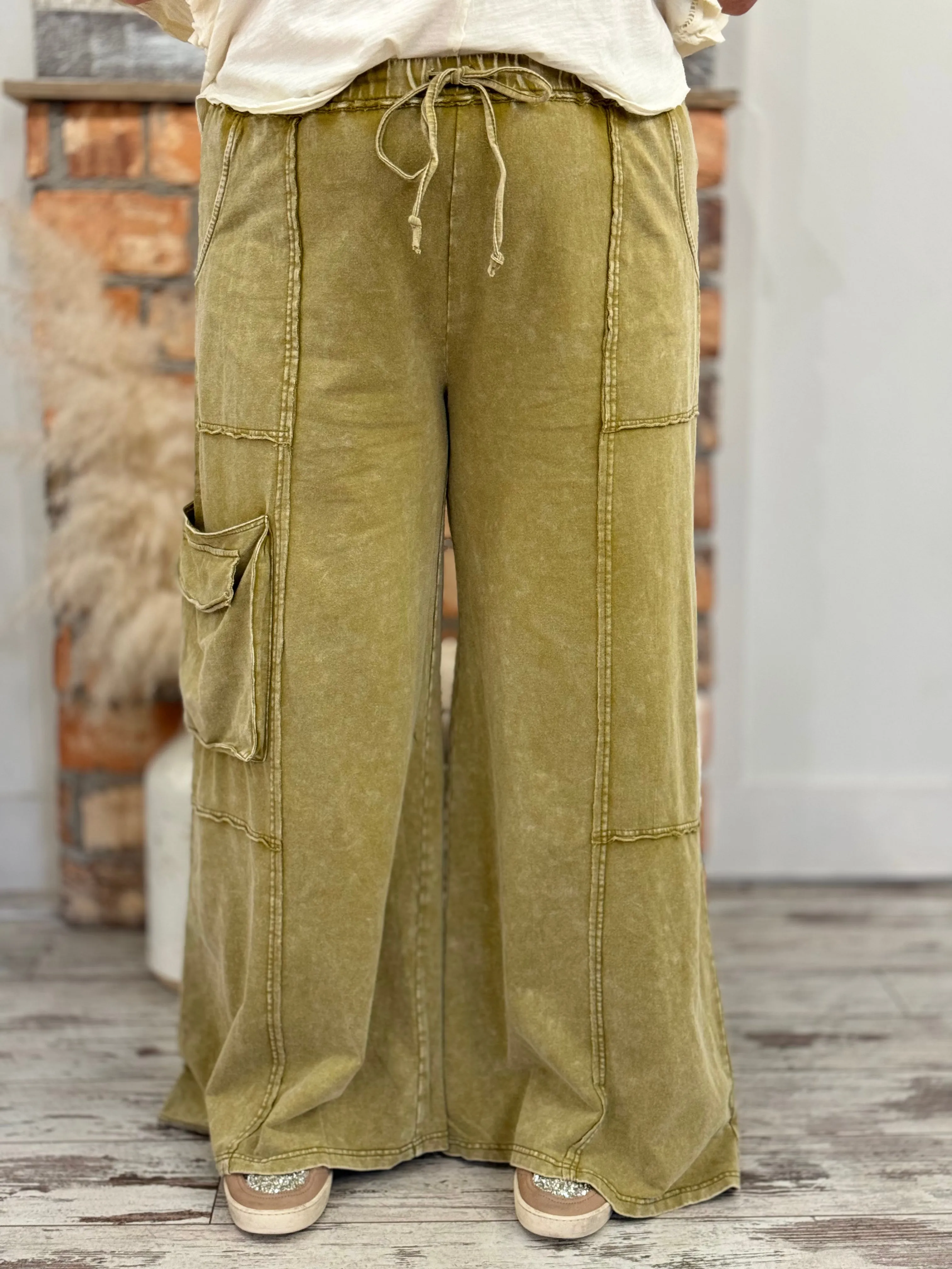 Washed Cargo Wide Leg Comfy Pants in Olive