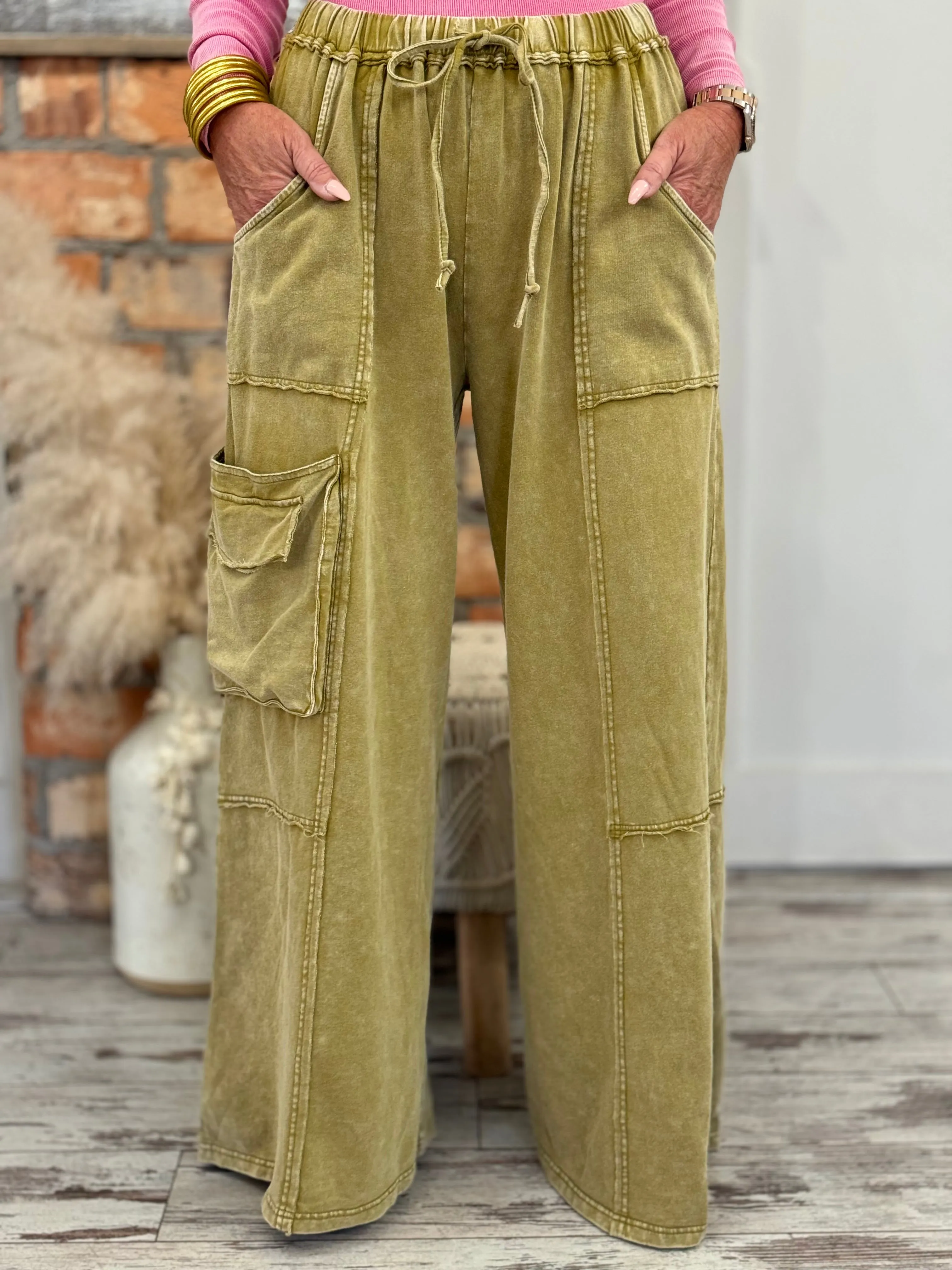 Washed Cargo Wide Leg Comfy Pants in Olive